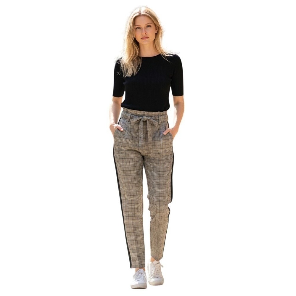 BBJ Los Angeles Plaid Paperbag Waist Tapered Pants with Side Stripe Tan Black